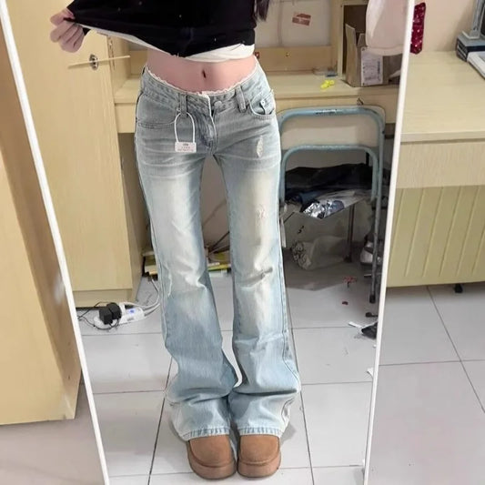 Low Waist Bell Bottom Jeans Women's Light Blue Washed Lace Splicing Design Spring Summer New Style Slimming Versatile Denim J...