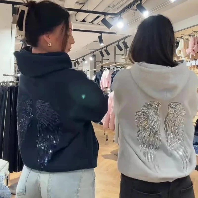 Y2K Retro Wings Sequin Hoodie Angel Wings Ornament Sweatshirt Harajuku Sweet Lady Casual Streetwear Relaxed Fit Pullover Coat