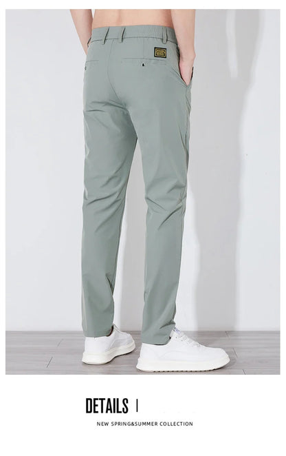 Summer Silk Stretch Smooth Trousers Men Business Elastic Waist Korean Classic Thin Cool Black Gray Casual Suit Pants Male Brand