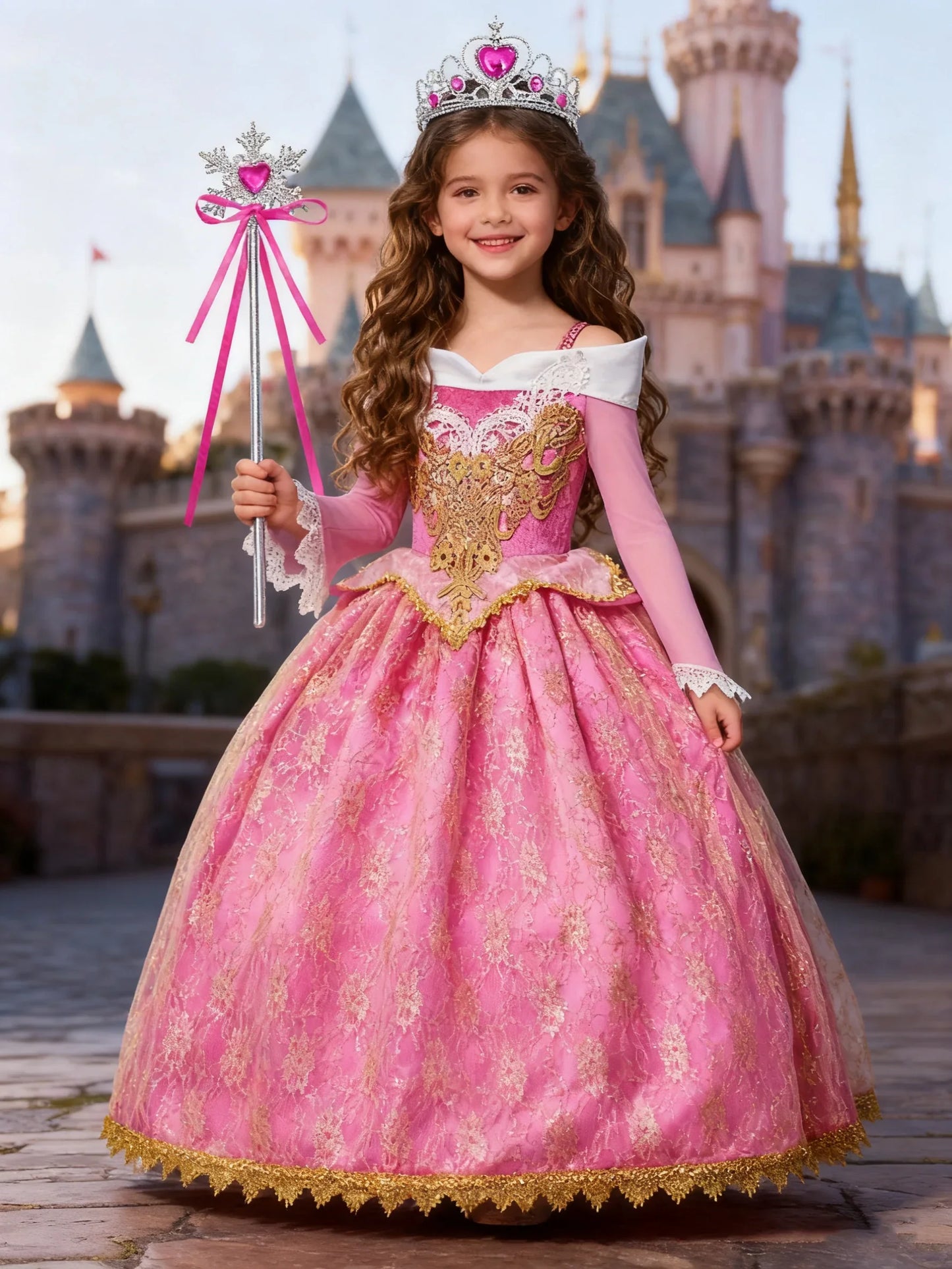 Girl Aurora Princess Dress Children Luxurious Cosplay Costume Rose Pink Briar Rose Outfit Kids Carnival Birthday Party Clothing