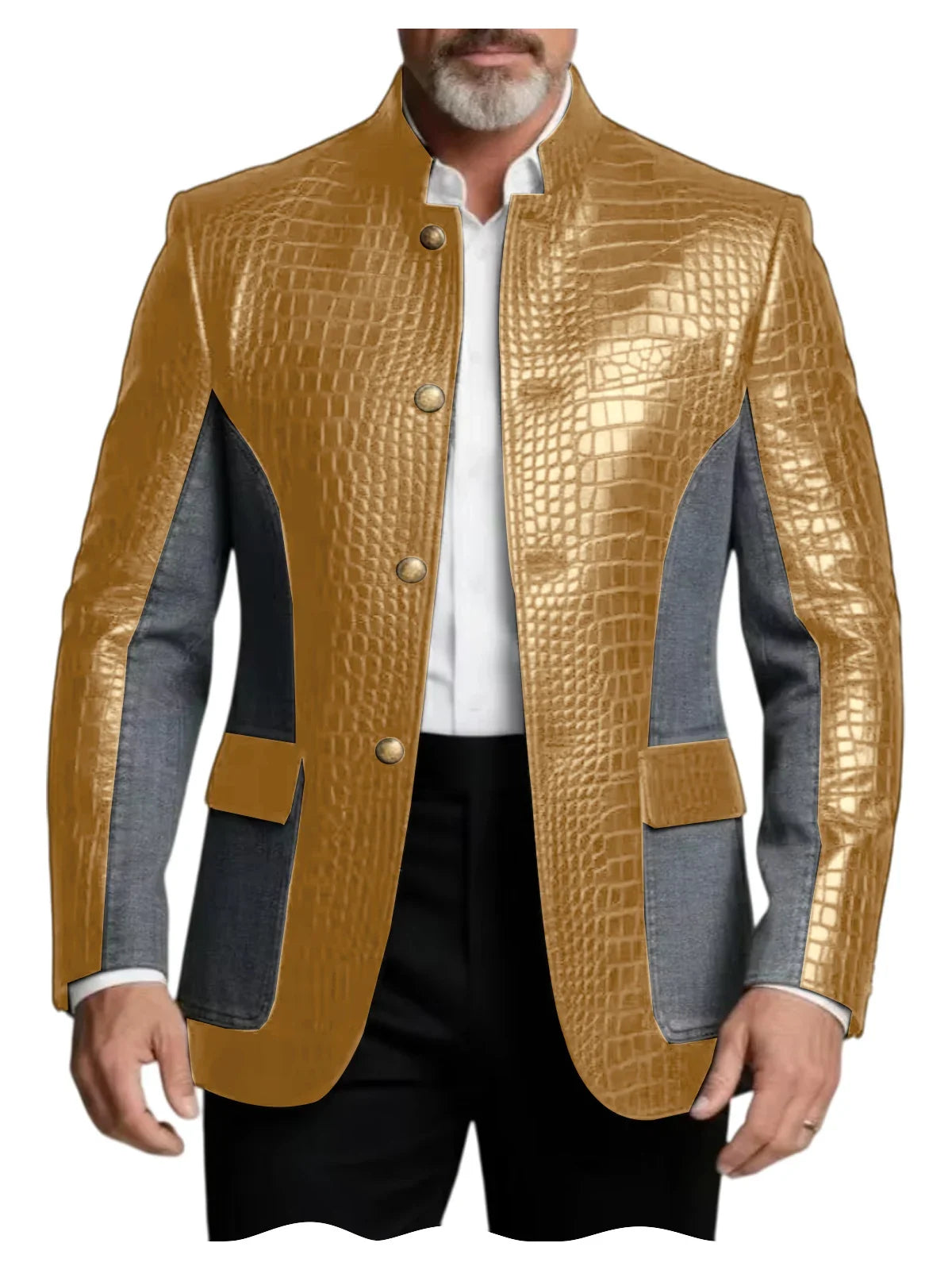 Men's Crocodile Embossed Leather Brown Jacket Patchwork Denim Stand Collar Slim Fit Luxury PU Blazer For Business Casual Party