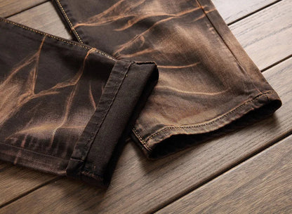 2026 Men's Fashion Vintage Jeans Slim Straight Leg Tie Dye Pleated Biker Denim Pants Male Casual Pants Oversized 42 High Quality