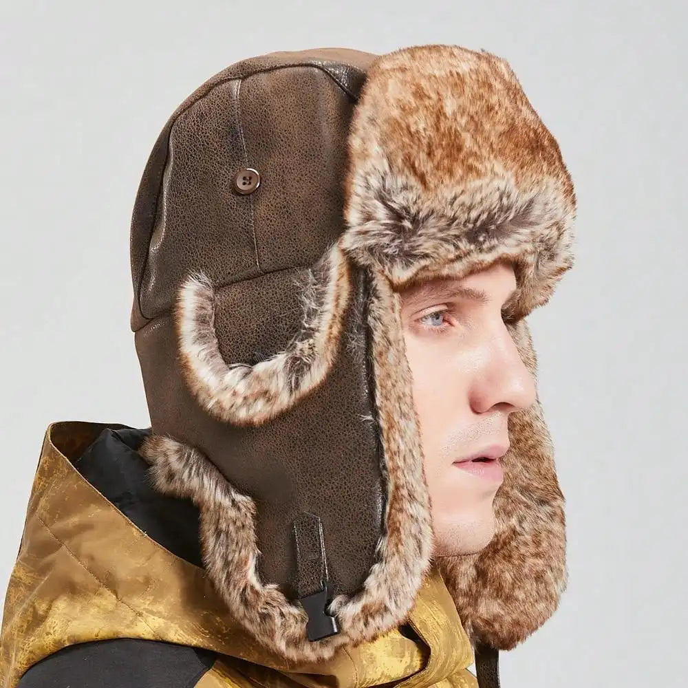 1 Piece Men Women Winter Ushanka Hats Russian Bomber Hat with Ear Flap Pu Leather Faux Fur Trapper Cap Snow Hunting Skiing Cap