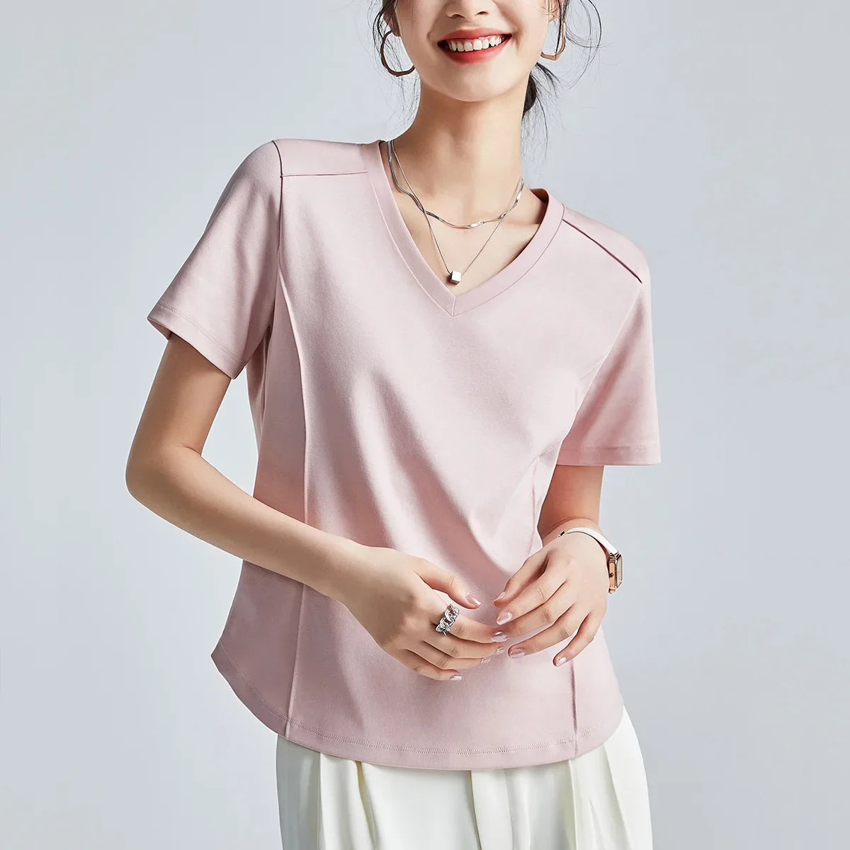 Summer Women's White Mercerized Cotton T-Shirt | 3D Stitching Round Neck Basic Top | Plus Size Slim Fit Layered Casual Blouse
