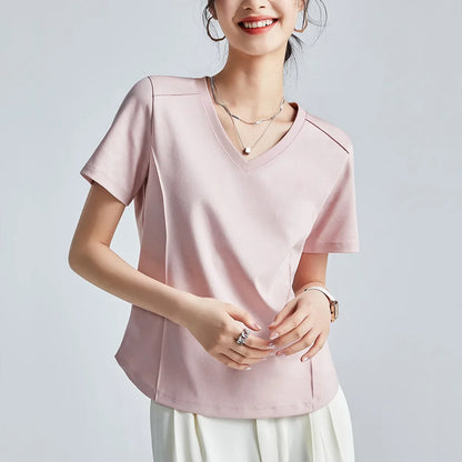 Summer Women's White Mercerized Cotton T-Shirt | 3D Stitching Round Neck Basic Top | Plus Size Slim Fit Layered Casual Blouse