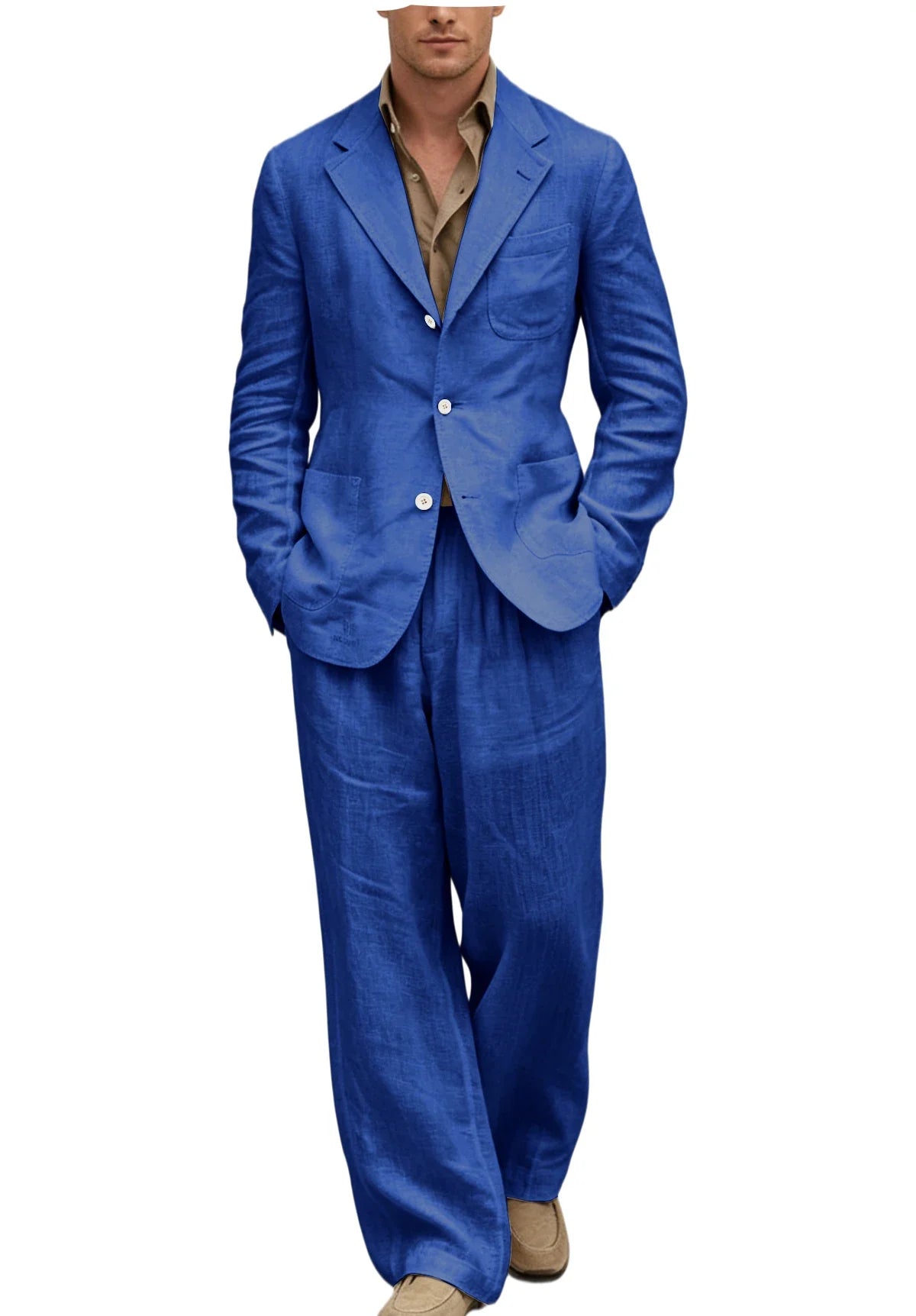 Men's Linen Suit 2 Pieces Set Casual Blazer & Wide Leg Pants Notch Lapel Breathable Wedding Business Party Jacket Tuxedo Summer