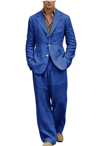 Men's Linen Suit 2 Pieces Set Casual Blazer & Wide Leg Pants Notch Lapel Breathable Wedding Business Party Jacket Tuxedo Summer