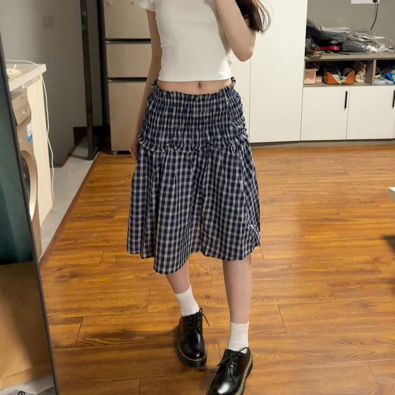 Vintage Plaid Mini Skirt Women Harajuku Aesthetic Patchwork Knee Length Skirts Summer Korean High Waist A Line Faldas New