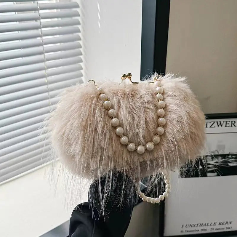 Luxury Faux Fur Evening Bag Pearl Chain Trendy Long Tassel Plush Shoulder Bag Large Capacity Tote Wedding Handbag XA48ZZ