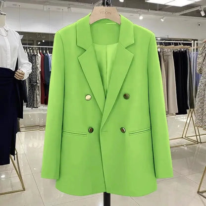 Blazer Woman Autumn Spring Long Sleeve Double Breatsed Lapel Loose Coat Slim Casual Jackets Office Ladies Vintage Blazers