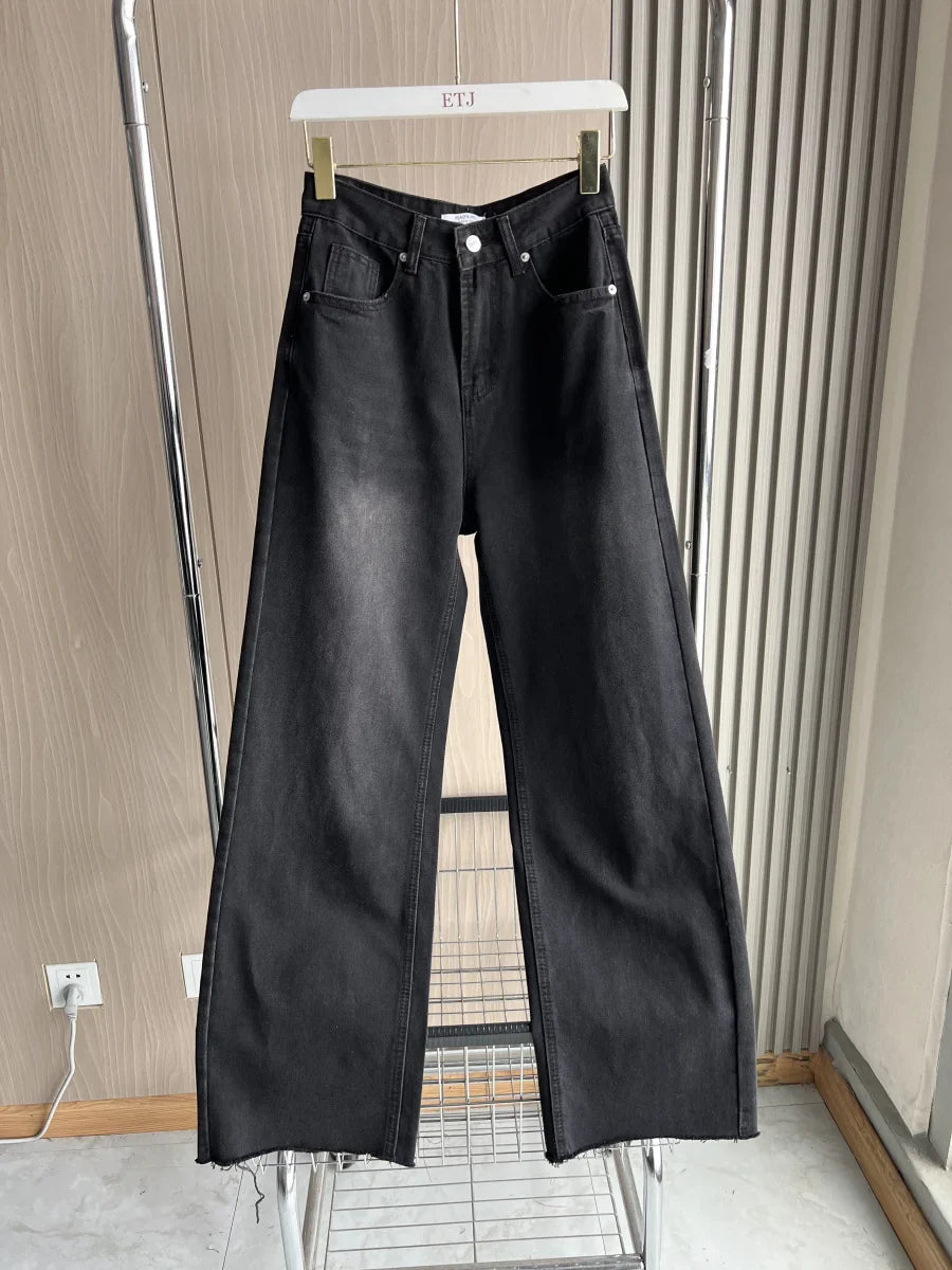 Wide-leg high-waisted jeans  women's classic everything with five pockets washed soft comfortable ultra-long jeans6045022