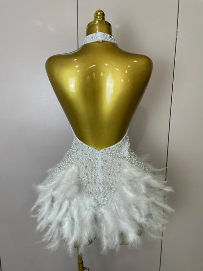 Women Luxury Rhinestones Pearls Feathers Halter Backless Short Dress Women Sexy Celebrate Birthday Dress Nightclub Stage Costume