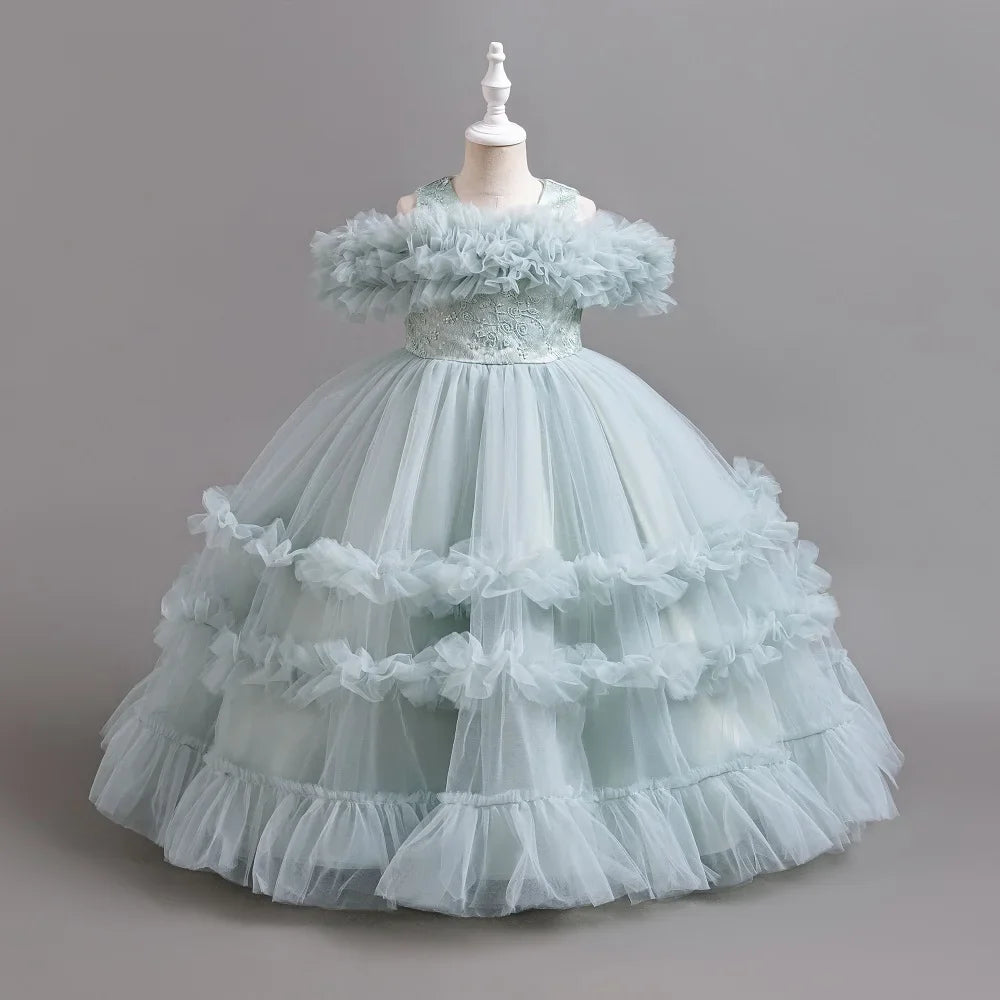 New Elegant Dress for Girls Flower Wedding Long Embroidered Panto Skirt 4-12 Years Old Piano Performance Girl Dress