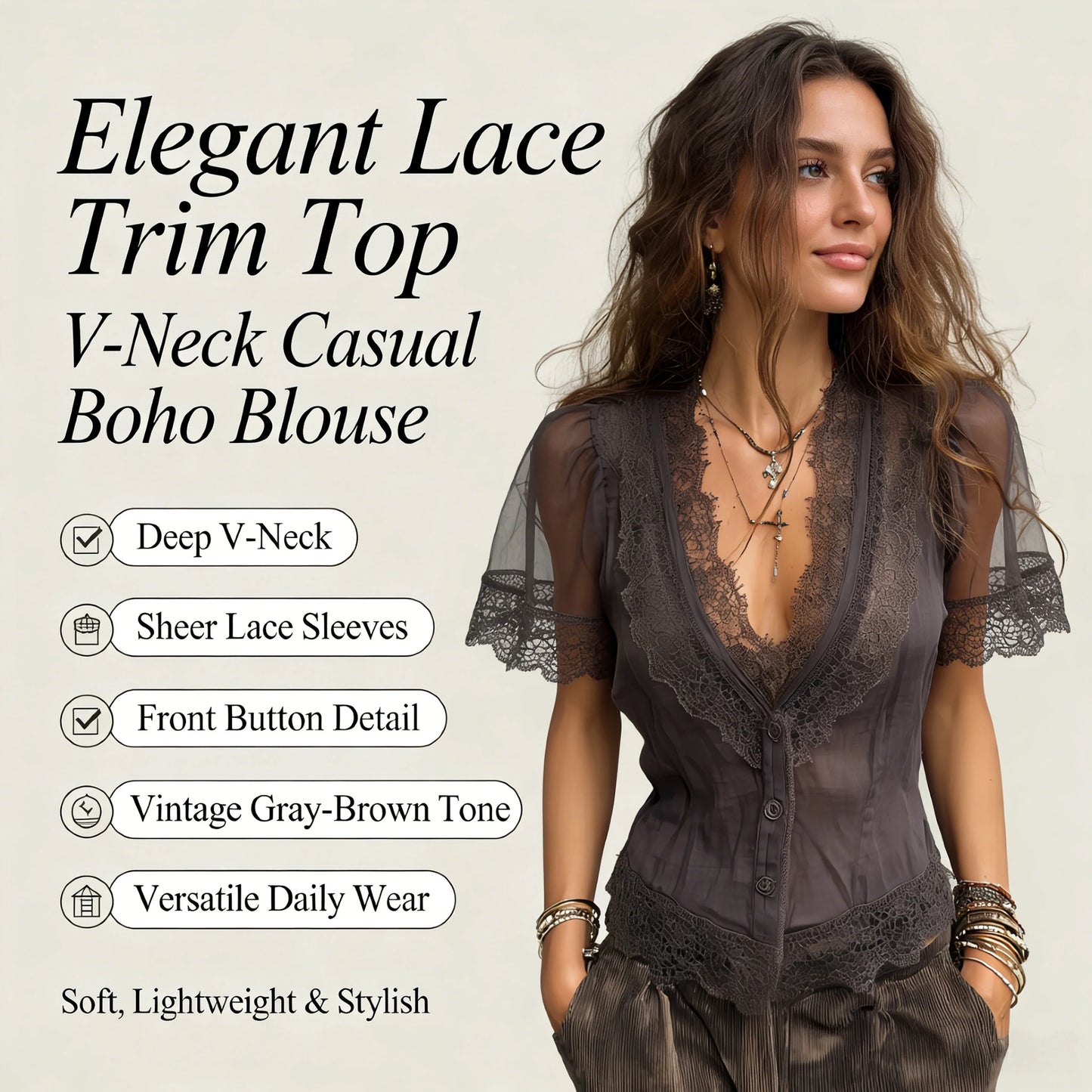 Women Boho Deep V Lace Trim Flutter Sleeve Chiffon Blouse, Sheer Tie Waist Vintage Cropped Vacation Top
