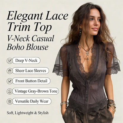 Women Boho Deep V Lace Trim Flutter Sleeve Chiffon Blouse, Sheer Tie Waist Vintage Cropped Vacation Top