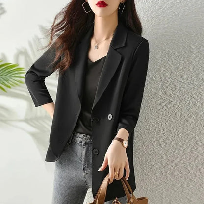 Women Solid Blazers Coat Fashion Slim Suits Female Casual Three-Quarter Sleeve Chic Tops Thin Office Lady Blazer Spring Summer