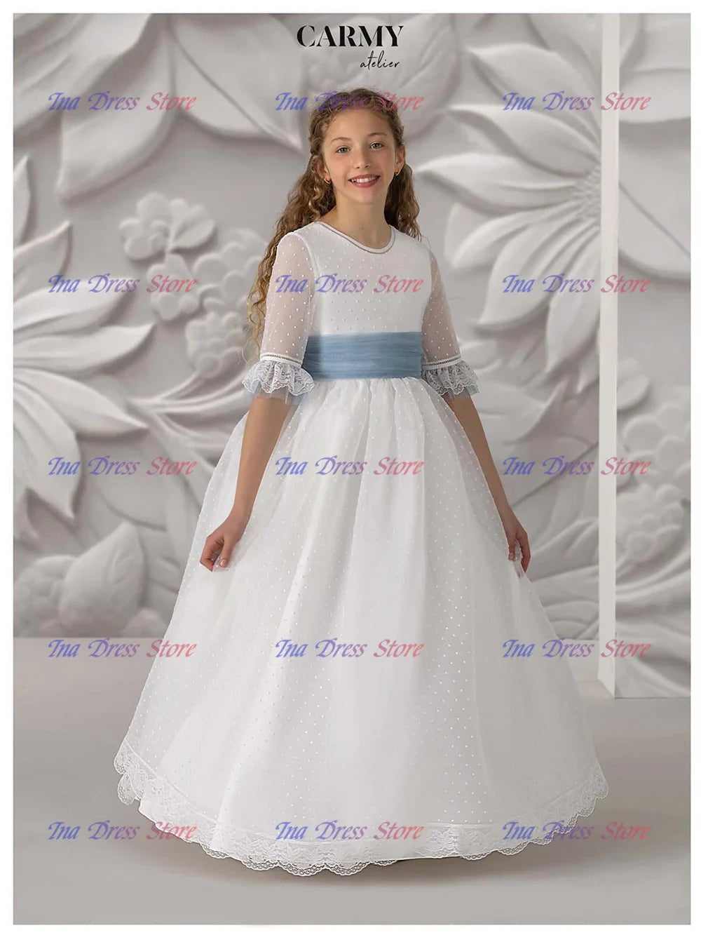 Elegant Long-sleeved Tulle Lace Printing Flower Girl Dress Princess Ball First Communion Dresses Kids Surprise Birthday Present