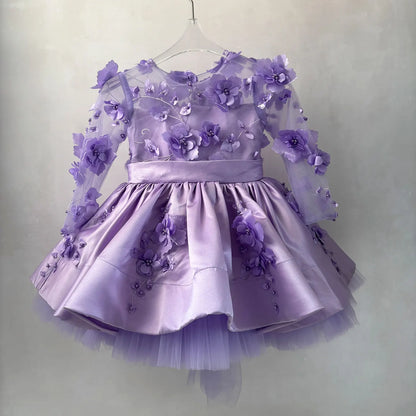 J780 Charming Full Appliqued Pearled Satin Tull Lilac Flower Girl Dress With Bow Wedding Party Spring Short Ball Gown