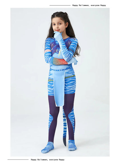 Girls Avatar 2 Neytiri Costume Tail Suit Boys Jake Sully Cosplay Zentai Bodysuit Jumpsuit Kids Halloween Birthday Party Costume
