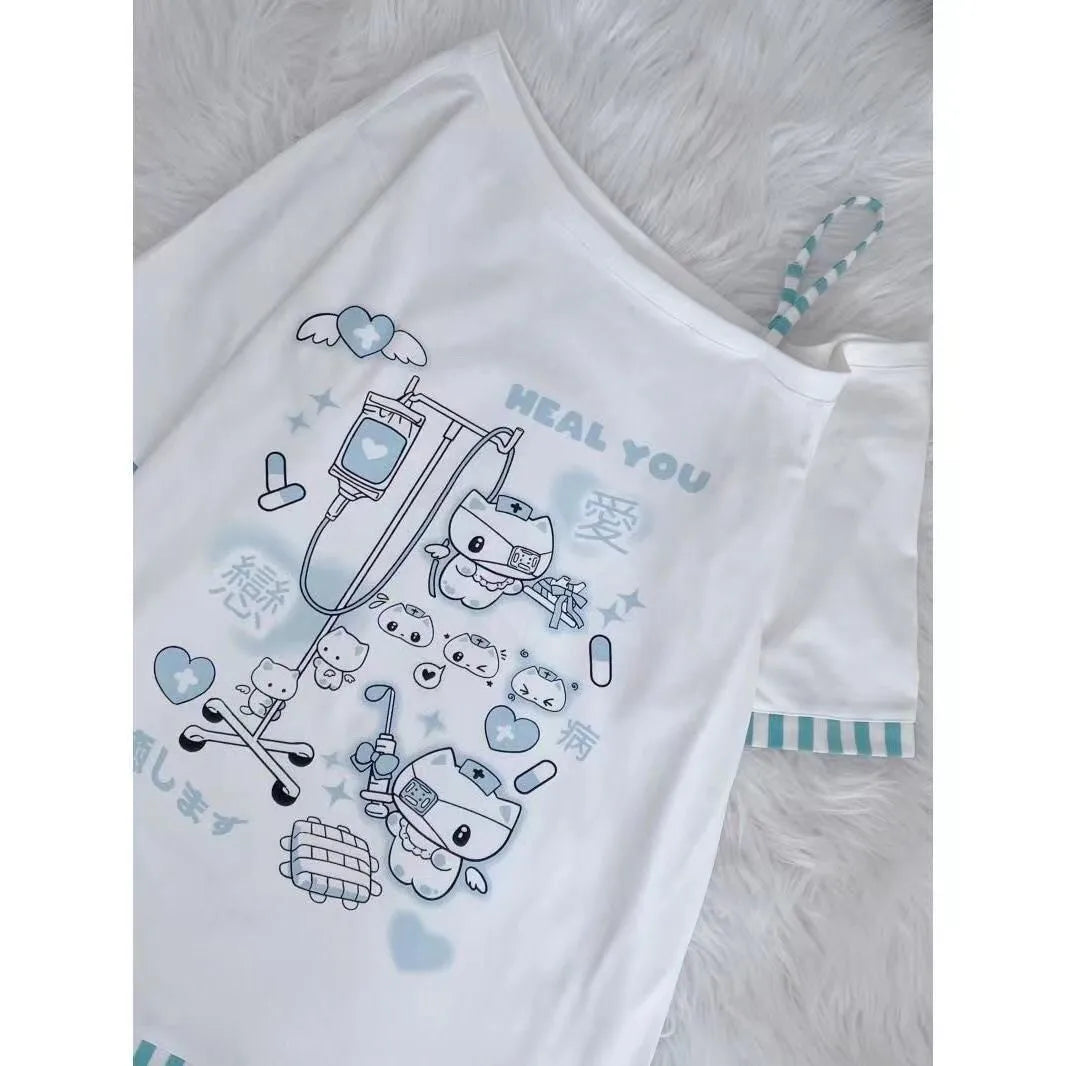 Japanese Harajuku Sweet Graphic T Shirts Women Cat Print Summer Off shoulder Top Short-sleeve Oversize Tees Loose Casual T shirt