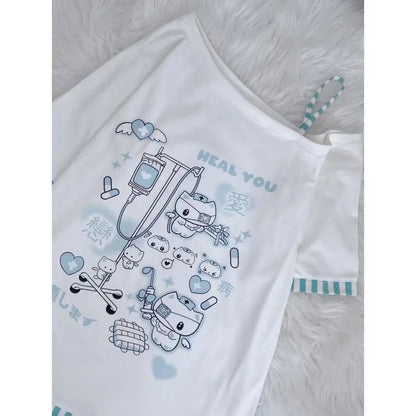 Japanese Harajuku Sweet Graphic T Shirts Women Cat Print Summer Off shoulder Top Short-sleeve Oversize Tees Loose Casual T shirt