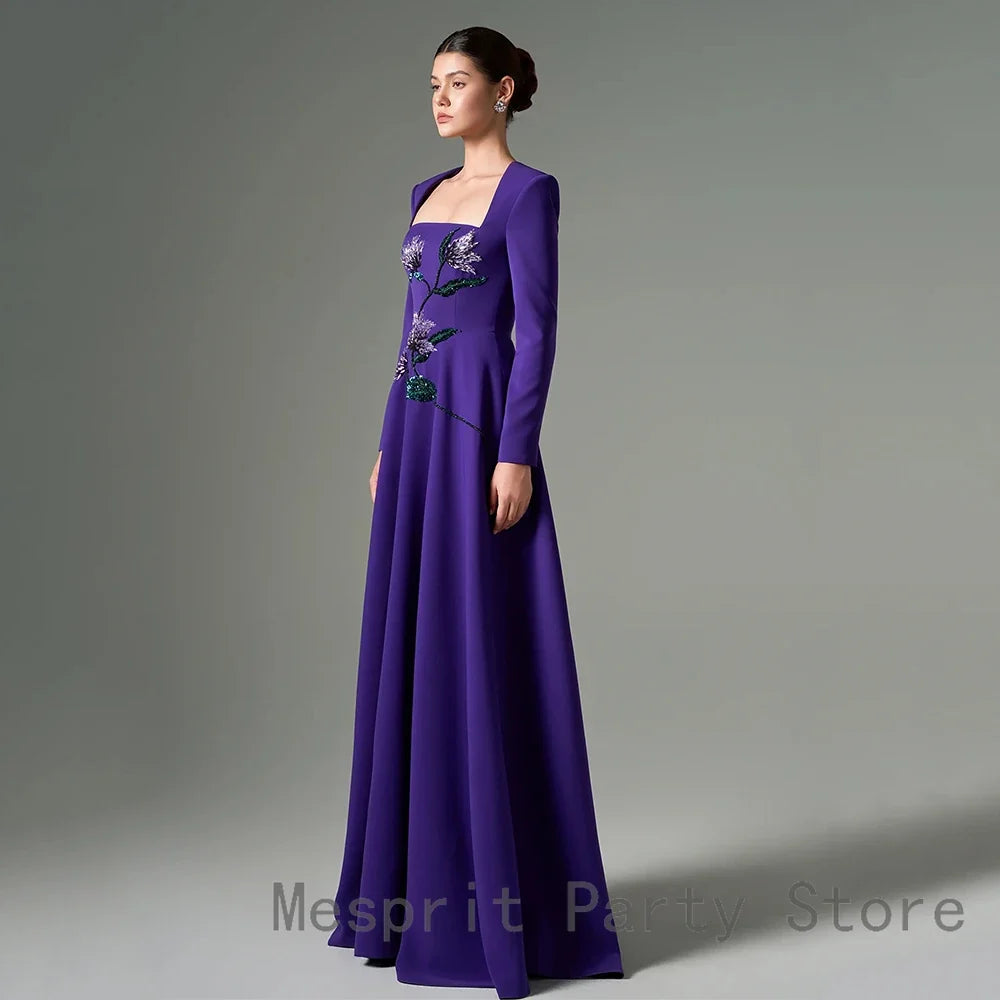 Luxury Purple Evening Dress For Women A Line Prom Dress Floor Length Formal Party Gown Long Sleeves Beaidng Saudi Arabia Dress