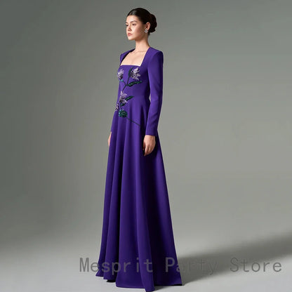 Luxury Purple Evening Dress For Women A Line Prom Dress Floor Length Formal Party Gown Long Sleeves Beaidng Saudi Arabia Dress