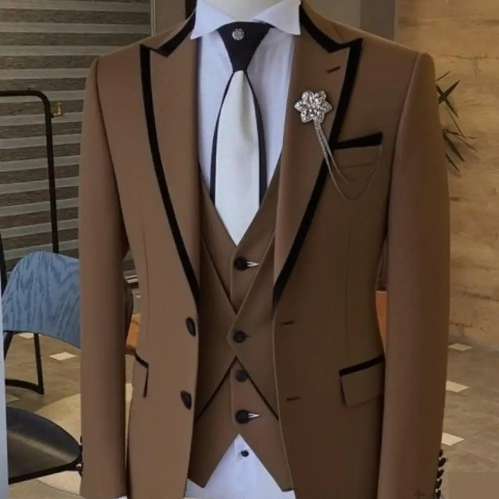 Men's Solid Slim Fit 3-Piece Business Suit Set with Blazer Vest And Pants for Wedding Party Luxury Fashion Tuxedo