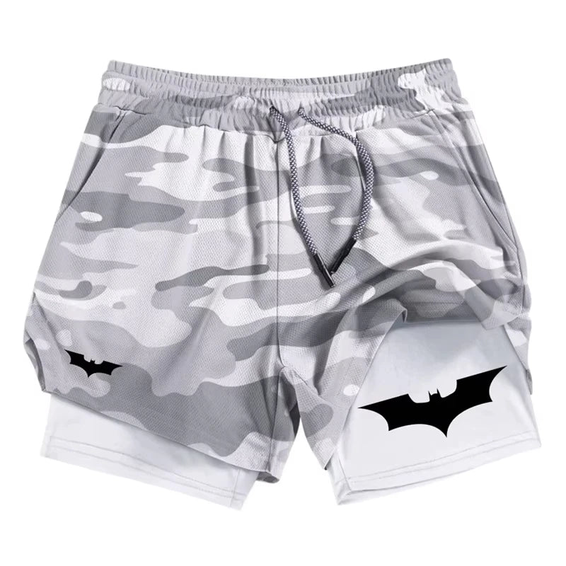 Bat Print 2 in 1 Performance Shorts for Men Athletic Breathable Quick Dry Shorts with Phone Pocket Gym Workout Running
