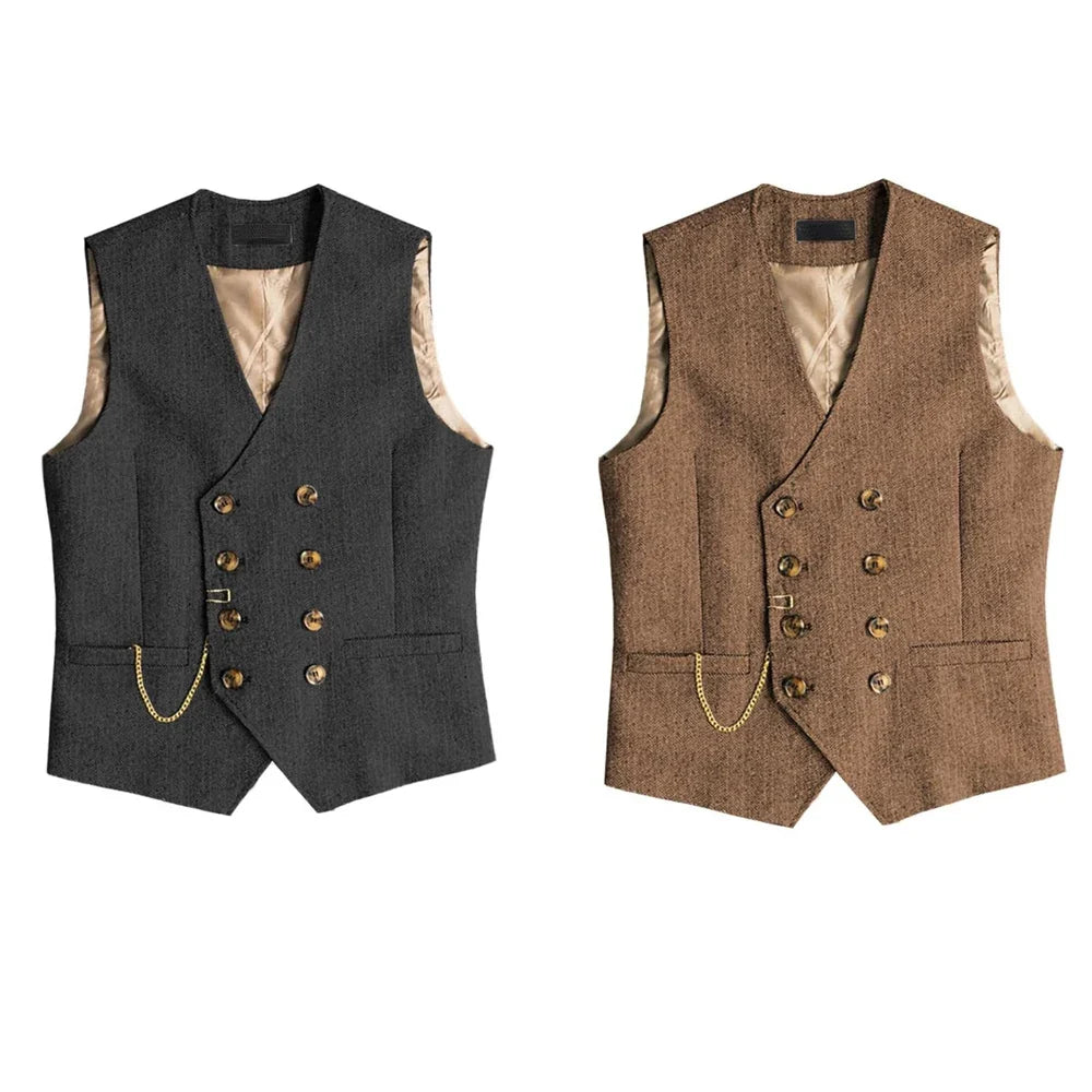 Men's Suit Vest Herringbone Pattern Retro British Style Double Breasted Waistcoat Four Season Outerwear Wedding Party traveling