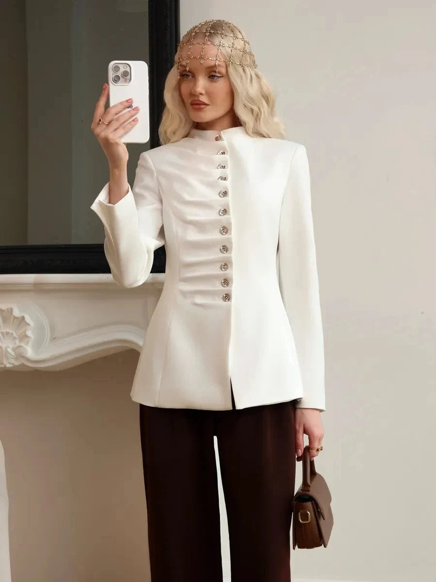 Women 2026 Spring Autumn Mandarin Collar Blazer Ruched Front Multi Row Buttons Long Sleeve Fit Formal Office Outerwear Coat