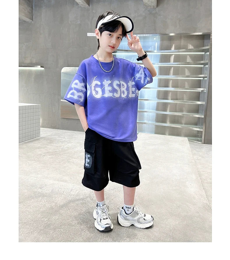 Hot Sale Teenager Boy Summer Tee Top and Bottom Clothes Set for Child Letter Print Cotton T-shirt + Shorts 2 Piece Clothing Suit