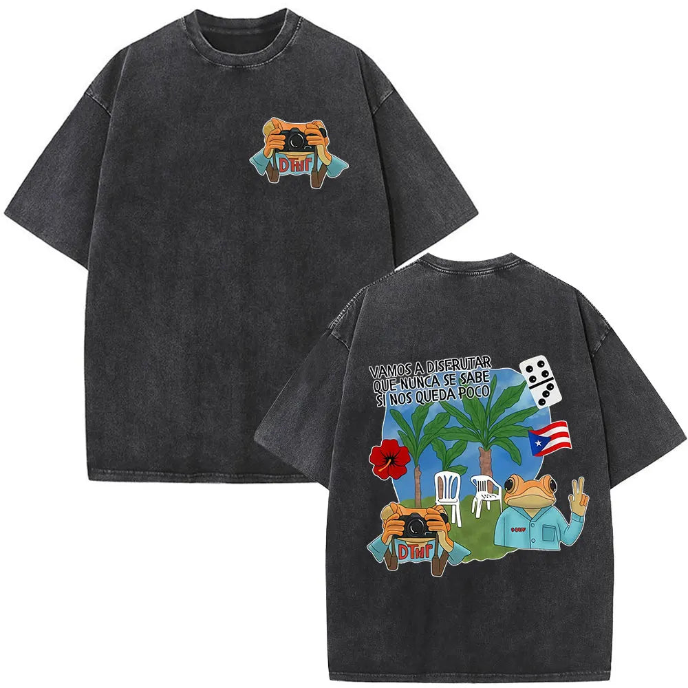 Washed Vintage Rapper Bad Bunny T-shirt Debi Tirar Mas Fotos DTMF World Tour Album T Shirts Men Women Fashion Hip Hop T-shirts