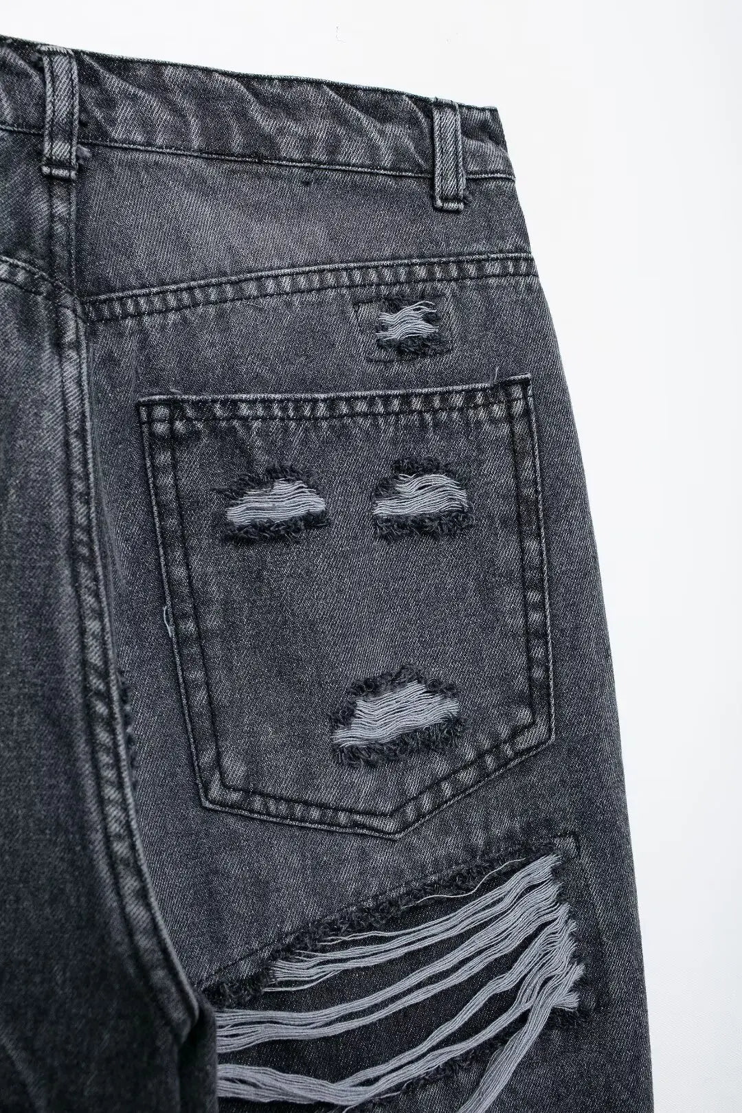 2024 Women's Street Fashion Denim Blue Jeans Distressed Patchwork High Waist Zipper Fly Ripped Retro Long Pants