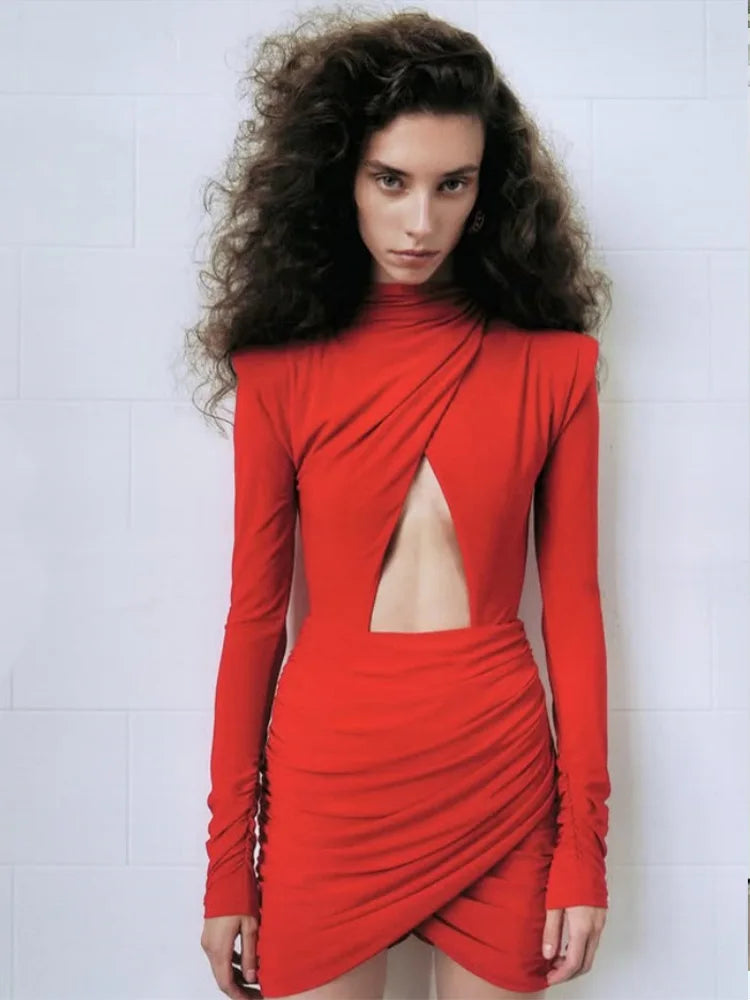 Eelgant Fashion Dresses For Women Solid Zipper Sheath Pleated Hollow Out Regular Long Sleeves Turtleneck Shoulder Pad