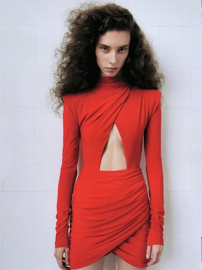 Eelgant Fashion Dresses For Women Solid Zipper Sheath Pleated Hollow Out Regular Long Sleeves Turtleneck Shoulder Pad
