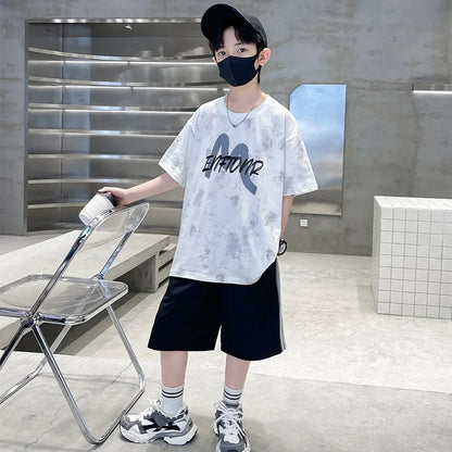 New Casual Boys Cotton Top summer Bottoms Clothes Set for Teenager Child Fashion Outfit Kids T-shirt Shorts Two Pieces Clothing