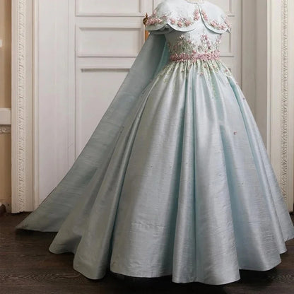 Custom Capelet 3D Floral Embroidery Flower Girl Dress For Wedding Birthday Party Pageant Gown Kids Formal Long Ball Gown With