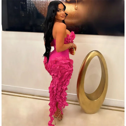 Elegant Ruffles Tassel Birthday Dress for Women 2024 Night Party Celebrity Irregular Strapless Sleeveless Evening Long Dresses
