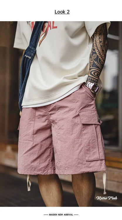 Outdoor Quick-Dry Pink Cargo Shorts Men's Summer Lightweight Woven Elastic Waist Shorts Loose Straight Bottoms for Sports