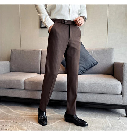 High Qualitys Wool Elastic Waist Striped Suit Pants Autumn Winter Thickening Men Business Slim Fit Social Casual Trousers Hommes