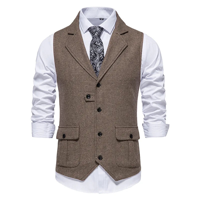 Tailored Collar Vest for Men Single Breasted Herringbone Tweed Suit Vest Mens Formal Striped Waistcoat Punk Groomsmen Wedding