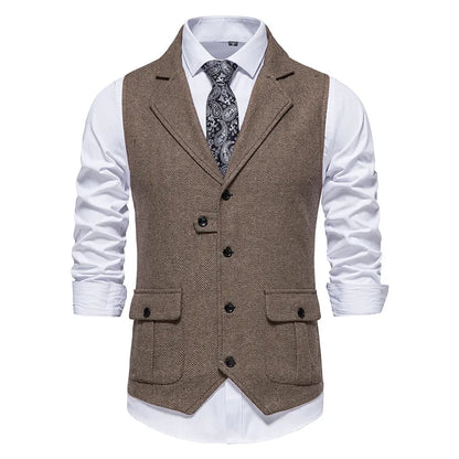 Tailored Collar Vest for Men Single Breasted Herringbone Tweed Suit Vest Mens Formal Striped Waistcoat Punk Groomsmen Wedding
