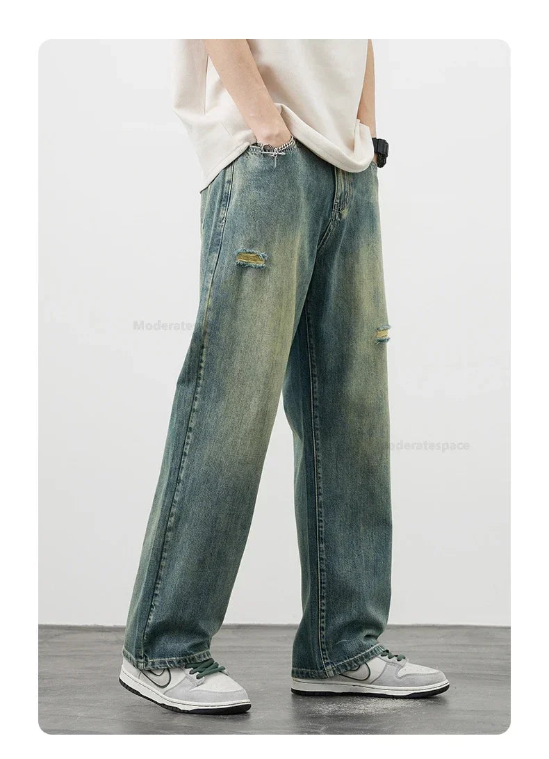 Korea Baggy Jeans Men's Vintage Straight Ripped Y2k Pants Fashion Frayed High Street Distressed Denim Trousers Male Clothes