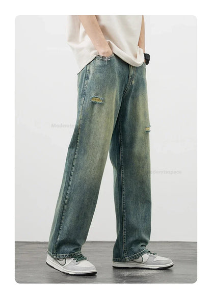 Korea Baggy Jeans Men's Vintage Straight Ripped Y2k Pants Fashion Frayed High Street Distressed Denim Trousers Male Clothes