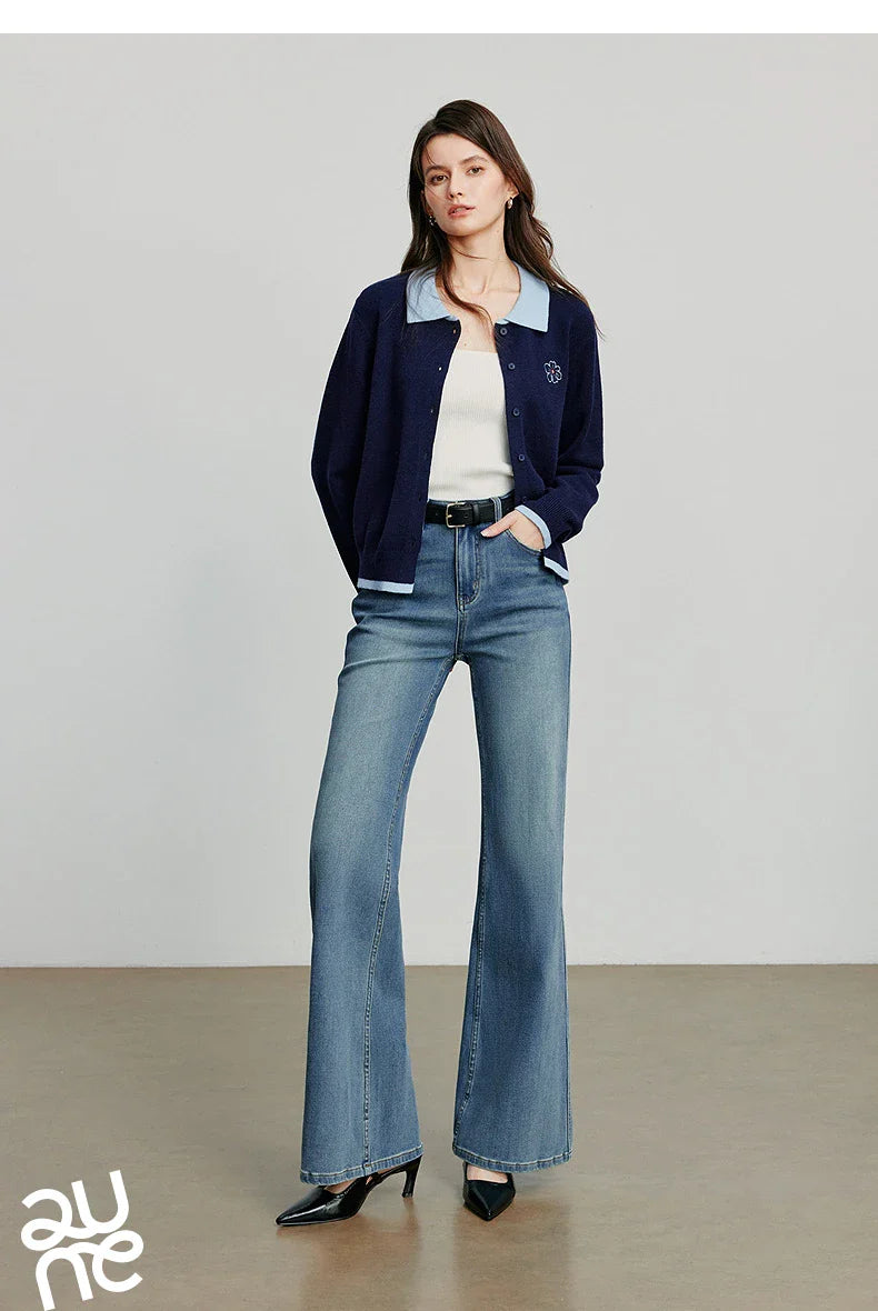 Women Denim jeans 2025 Autumn New Lycra Stretch Mid Waist Cotton Flares Pants