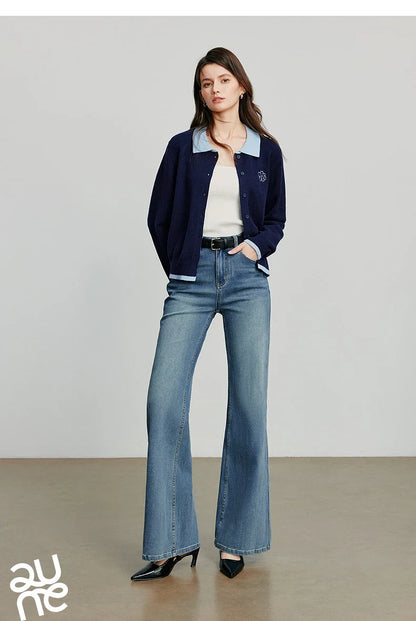 Women Denim jeans 2025 Autumn New Lycra Stretch Mid Waist Cotton Flares Pants