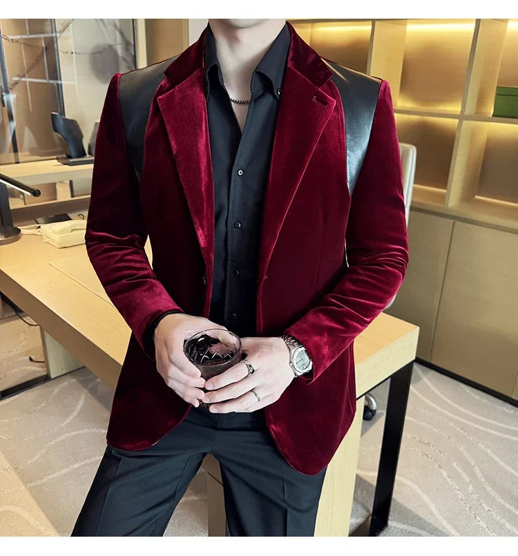 Autumn Winter New Men Mercerized Velvet Slim Fit Suit Coats Fashion Leather Splicing Casual Business Formal Party Tailcoat 4XL-M