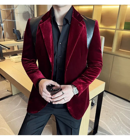 Autumn Winter New Men Mercerized Velvet Slim Fit Suit Coats Fashion Leather Splicing Casual Business Formal Party Tailcoat 4XL-M