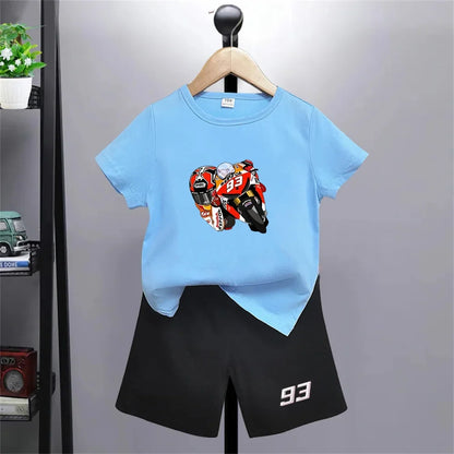 Summer Red Short Sleeve T Shirt + Shorts 2 Piece Motorcycle Race Car Number 93 Children Clothes Casual Boy Girl Kid Tracksuit